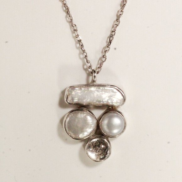 Sterling Silver Mother of Pearl Quartz Modern Necklace - Picture 3 of 10